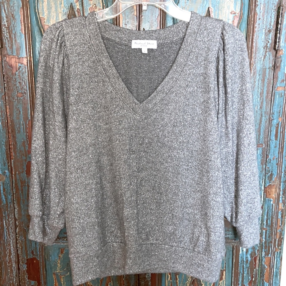 Michael Stars V Neck 3/4 Length Puff Sleeve Shimmer Lightweight Knit in Gray